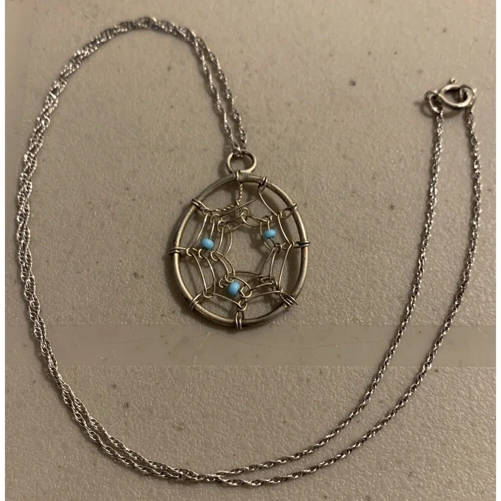 Native American Dream Catcher Necklace 18” Sterling Silver Turquoise